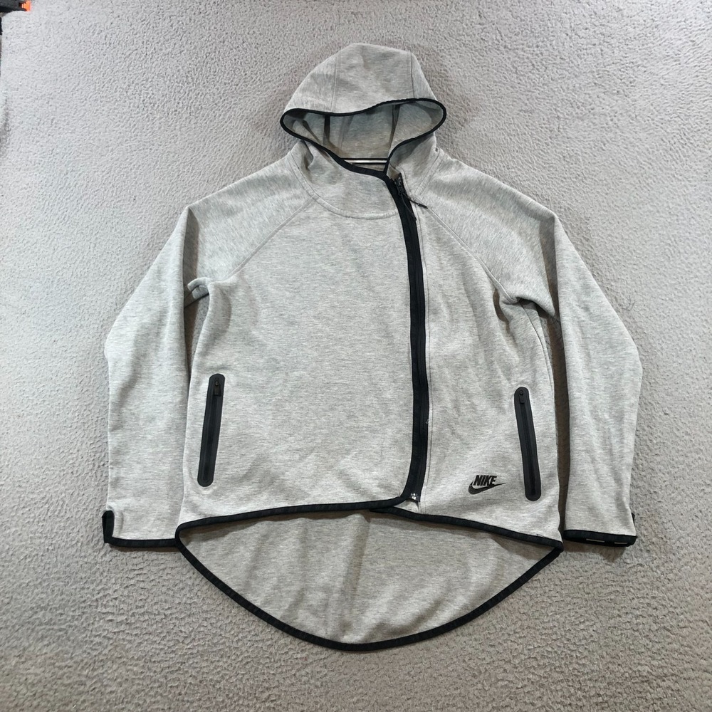 nike sweater womens S gray full zip hooded pockets scuba thumb holes